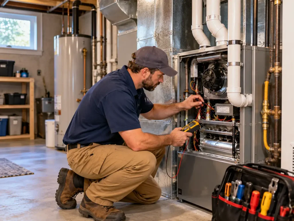 HVAC technician performing furnace maintenance in a Newport, KY home