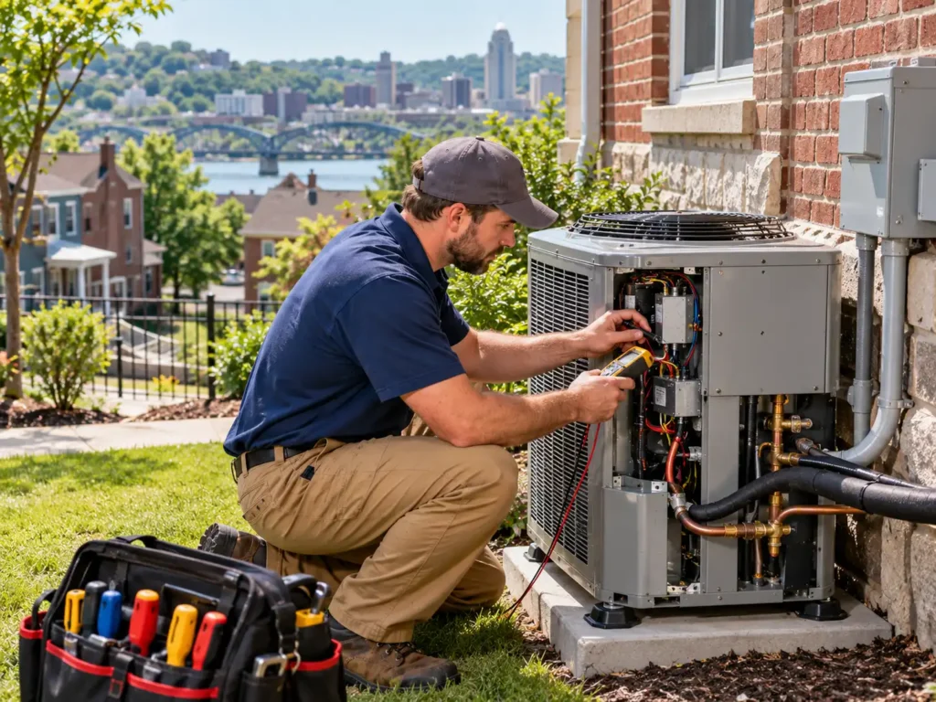 HVAC technician servicing a residential AC unit in Covington, KY