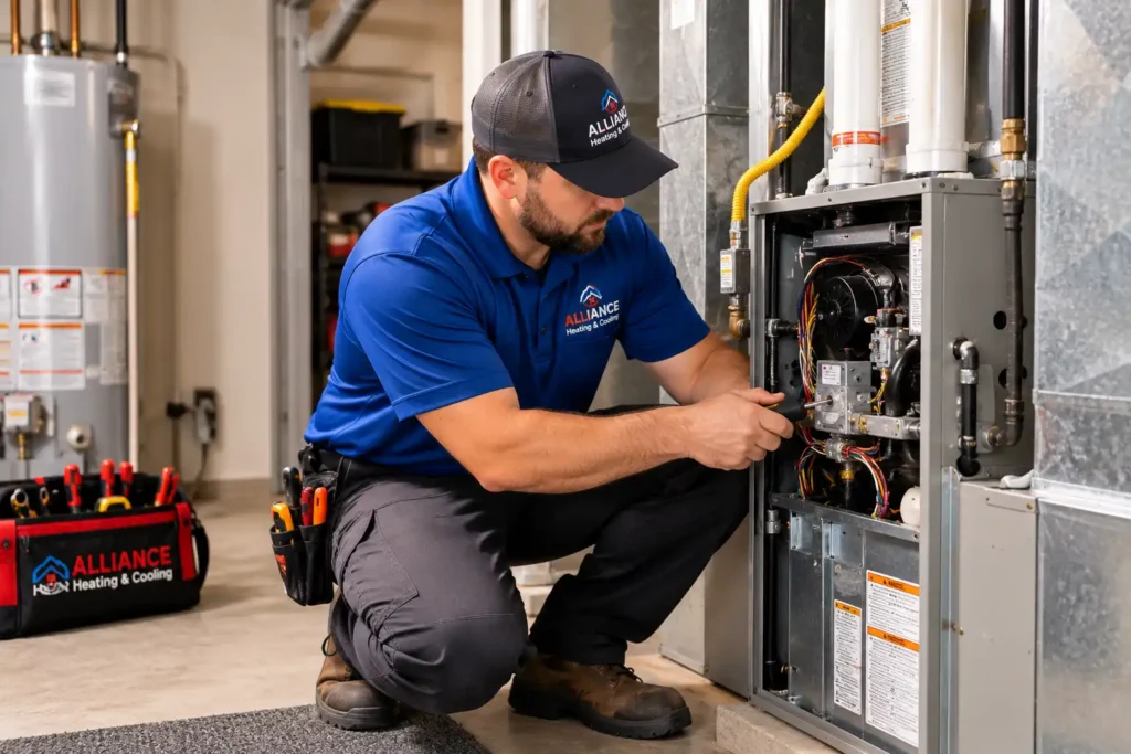 Alliance Heating and Cooling technician inspecting a residential furnace