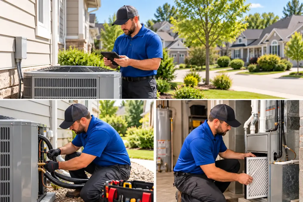 HVAC technician inspecting an outdoor air conditioning unit at a suburban home